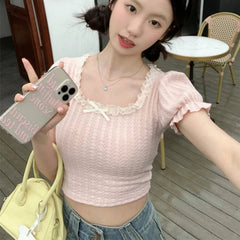 Aiertu Sweet Kawaii Short Sleeve Women Pink Bow Lace Korean Style Crop Top Slim Up Cute Patchwork Black Summer Aesthetics Tees Aiertu