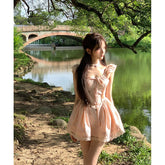 AIERTU - Kawaii Pink Mini Dress Women Party Cutecore Lace Patchwork Dresses Summer Japanese Fashion Flying Sleeve Bodycon A Line Vestidos Aiertu