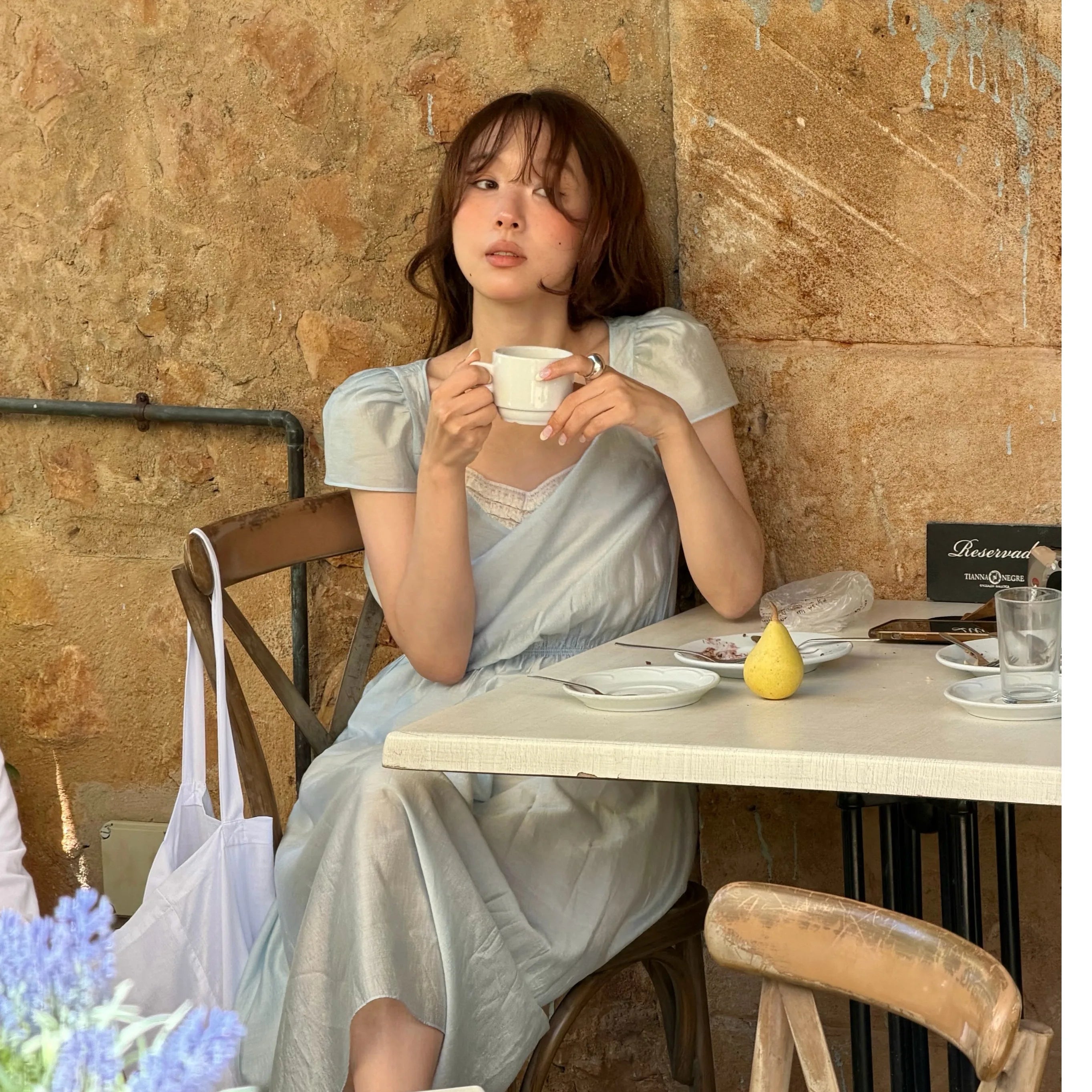 AIERTU - Chic V-Neck Lace Dress with Strap And Loose Sleeves Korean Style A-Line Skirt Short Sleeve Casual Wear for Women Aiertu