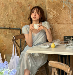 AIERTU - Chic V-Neck Lace Dress with Strap And Loose Sleeves Korean Style A-Line Skirt Short Sleeve Casual Wear for Women Aiertu