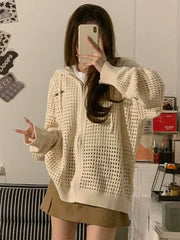 Aiertu Vintage Knit Mesh Coat for Women Hole Hooded Cardigan Long Sleeve Tee Male Casual Autumn Japanese Streetwear Hip Hop Aiertu