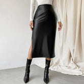 Aiertu Black Leather Skirts Women Fashion High Waist PU Long Skirt Splits Streetwear Autumn Female Elegant Solid Office Casual Aiertu