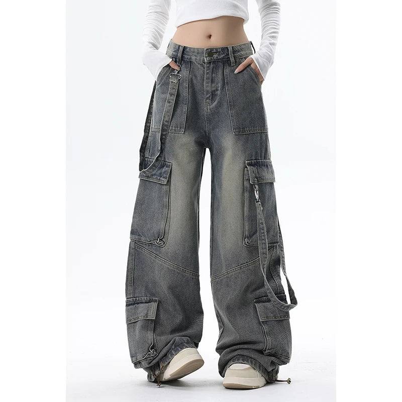 Aiertu Women Blue Jeans Cargo Pants Streetwear High Waist American Wide Leg Pants Fashion Y2K Style Female Winter Straight Trousers Aiertu