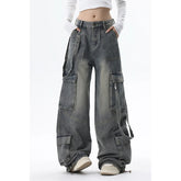 Aiertu Women Blue Jeans Cargo Pants Streetwear High Waist American Wide Leg Pants Fashion Y2K Style Female Winter Straight Trousers Aiertu