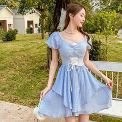 Aiertu Square Collar Dresses Women 2024 Summer Korean Sexy Slim Elegant Fashion Casual Short Sleeve High Waist Fairy Dress Trend Aiertu
