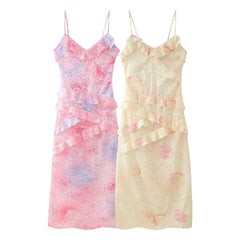 Aiertu 2024 Summer New Women's French Retro V-neck Sleeveless Printed Ruffle Edge Decorative Slim Fit Hanging Strap Dress Aiertu