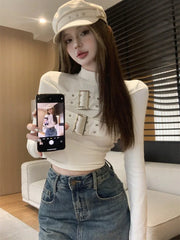 Aiertu Chic Buckle Long Sleeve T-Shirts Women Fashion Solid Simple Slim All-match Basic Tops Ladies Hot Half High Collar Hole Ins New aiertu