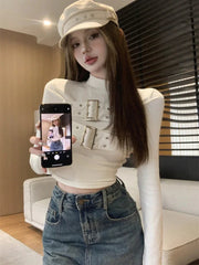 Aiertu Chic Buckle Long Sleeve T-Shirts Women Fashion Solid Simple Slim All-match Basic Tops Ladies Hot Half High Collar Hole Ins New aiertu