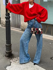 Red Women Chic V Neck Loose Sweater Casual Long Sleeves Knitted Warm Pullover New Autumn Female Fashion Knitwear Tops Aiertu