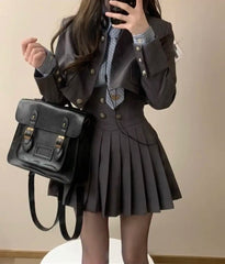 Spring 2024 Preppy Style American Uniform Set Girls Short Suit Coat Long Sleeve Striped Shirt Slim High Waist Pleated Skirt Grey Aiertu