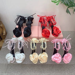 AIERTU - New Niche Floral Minimalist Strap Silk Roman High-Heeled Sandals for Romantic Dates Wedding Shoes Heel Aiertu