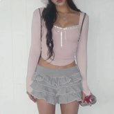 AIERTU - Cute Bandage Bow Cropped Top Pink Sweet Coquette Sweet Style Women's Sweatshirt Spring Other Material 100% Aiertu