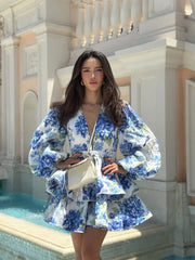 Aiertu Elegant Flower Printed Ruffles Layered Mini Dress Chic V Neck Puff Long Sleeved A Line Dresses Fashion Lady Evening Party Gown Aiertu