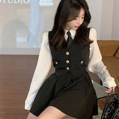Spring Autumn Preppy Style Tie Vest Black Suit Women's 4-Piece Set Korean American Hot Girls Online Celebrities JK Uniform Set Aiertu