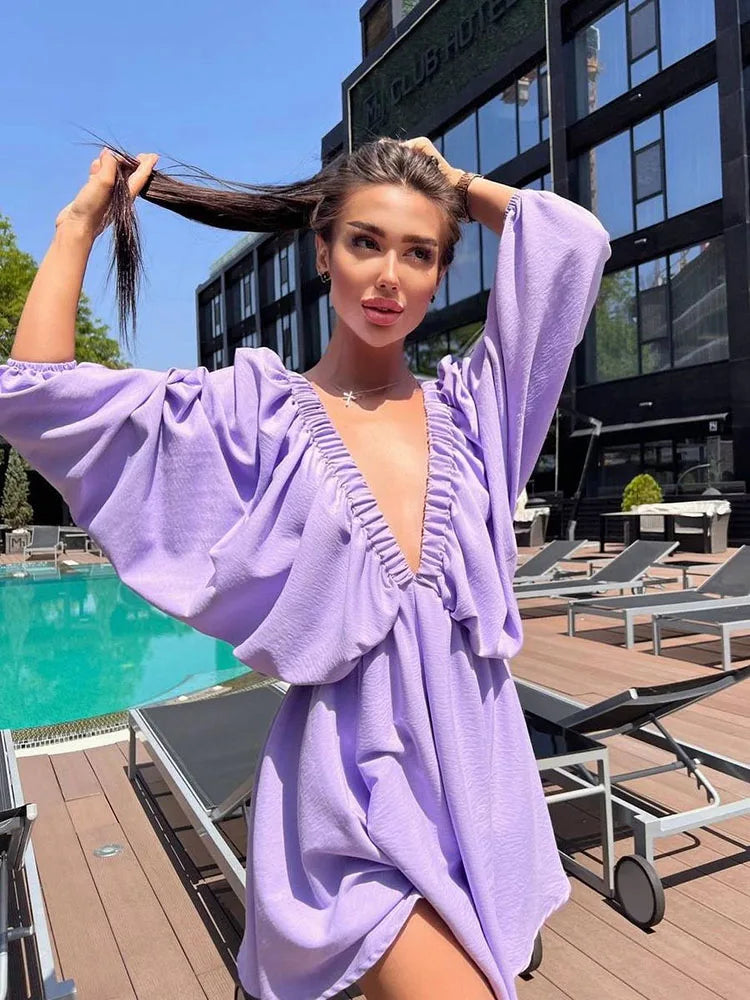 Aiertu Summer 11 Candy Color Long Sleeve Dresses Women Tourism vacation Deep V Neck Women Summer Boho Dresses Aiertu