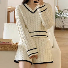 Aiertu Women Two Piece Sets Long Sleeve Knitted Tops And Shorts Casual Suit Solid Office Sets For Women 2024 Autumn Winter Aiertu