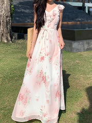 Aiertu New Summer Women Elegant Floral Casual Dress Sleeveless A-Line Beach Holiday Clothes with Belted Female Vestidos Long Robe Aiertu