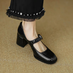 Women Pumps Thick Heels Spring Patent Leather Mary Janes Genuine Leather Round Toe Buckle Strap Retro Office Lady Shoes Woman Aiertu