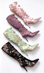 AIERTU - Retro Chinese Style Satin Pointed-Toe Knee Boots Brocade Embroidery Stiletto Heels Cutouts Design Unique Footwear Aiertu