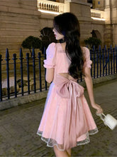 Aiertu Women Sweet Pink Puff Sleeve A-line Mini Dress Female Mesh Square Collar Holiday Dress Shiny Girl Design Dress Aiertu