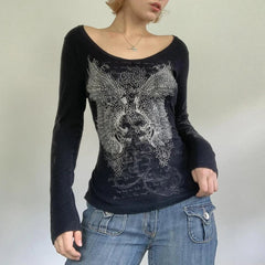 Aiertu BACK TO SCHOOL OUTFIT 2000s Retro Rhinestone Graphic Print T-shirt Harajuku Grunge Y2K Aesthetics Fairy Crop Top Korean Fashion Vintage Mall Goth Tees Aiertu
