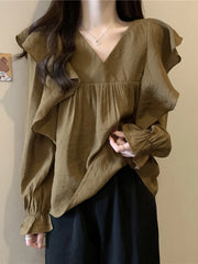 Stylish Flare Sleeve Spliced Ruffles Blouse Female Clothing Autumn New Oversized Casual Pullovers All - match Sweet Shirt Aiertu