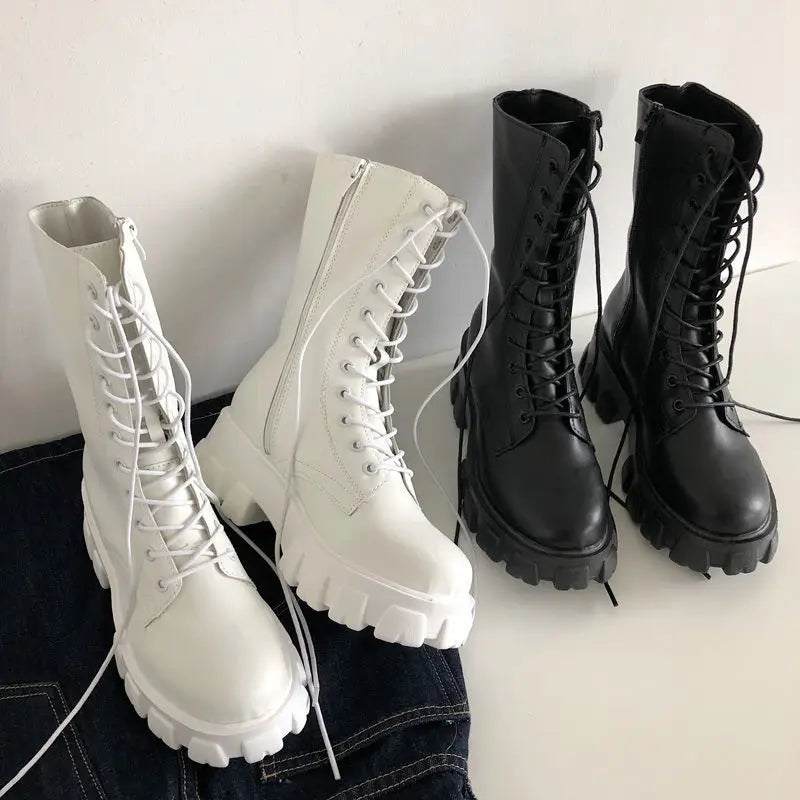 Aiertu New Mid Calf Boots Women Autumn Winter Fashion Lace-up Ladies Chelsea Zipper Botas Mujer Boots Sports Platform Heel Ladies Shoes Aiertu