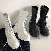 New Mid Calf Boots Women Autumn Winter Fashion Lace-up Ladies Chelsea Zipper Botas Mujer Boots Sports Platform Heel Ladies Shoes Aiertu