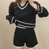 Women Two Piece Sets Long Sleeve Knitted Tops And Shorts Casual Suit Solid Office Sets For Women 2024 Autumn Winter Aiertu
