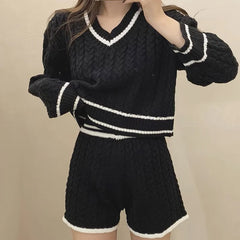 Women Two Piece Sets Long Sleeve Knitted Tops And Shorts Casual Suit Solid Office Sets For Women 2024 Autumn Winter Aiertu