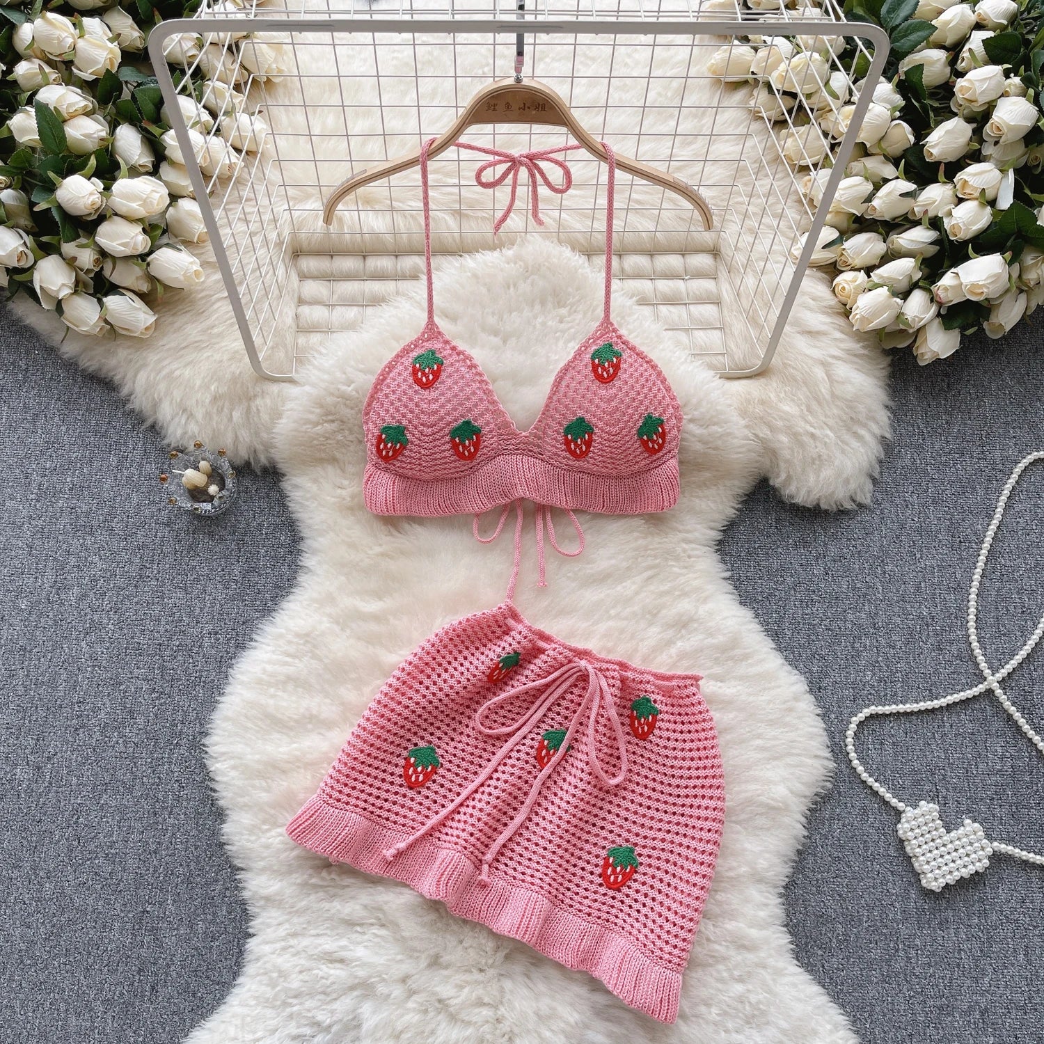 Aiertu Strawberry Sweet Beach Two Pieces Sets Halter Backless Camis+Short Skirts Fashion Hook Flower Hollow Out Beach Suits Aiertu
