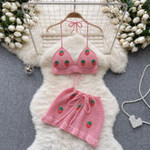 Aiertu Strawberry Sweet Beach Two Pieces Sets Halter Backless Camis+Short Skirts Fashion Hook Flower Hollow Out Beach Suits Aiertu