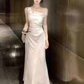 AIERTU - Summer New Simple Dress with Feminine Temperament Slanted Shoulder Bag Buttocks Long Skirt Dress Aiertu