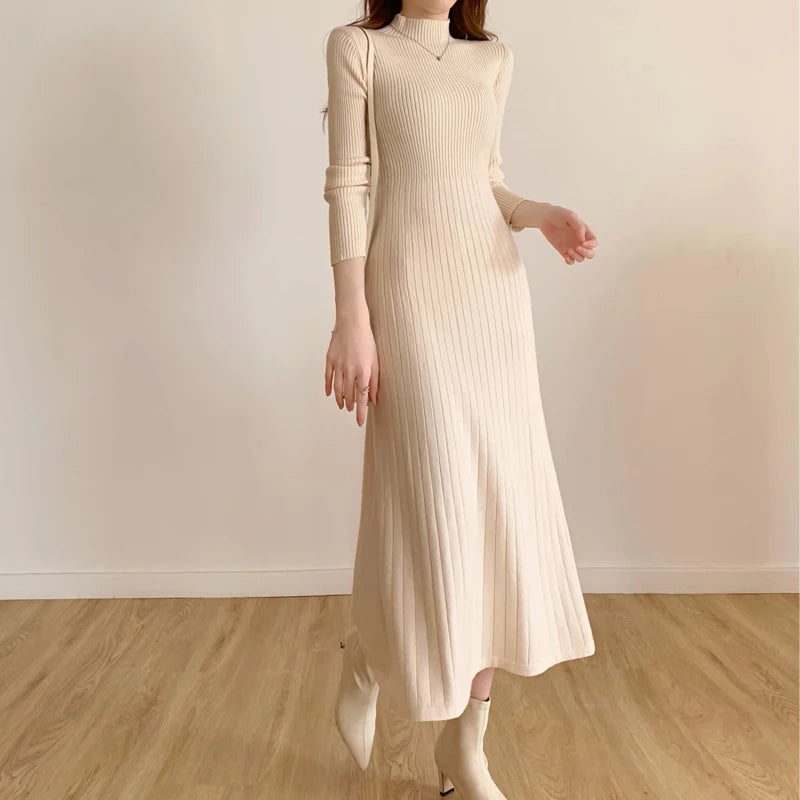 Aiertu Autumn Winter Long Sleeve Party Dress Women Button Knitted Mid-calf Half High Collar Elegant Knitted Sweater Dresses Ladies Aiertu