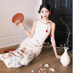 AIERTU - Women Dress New Chinese Style Printed Cheongsam Design Round Neck Tie Up Sleeveless Slim Fit Artistic Eetro Texture Long Dresses Aiertu