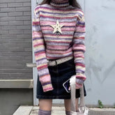 Aiertu Japanese Y2k Turtleneck Sweater Vintage Rainbow Striped Pullover Korean Fashion Knitted Jumper Harajuku Grunge Knitwear Aiertu