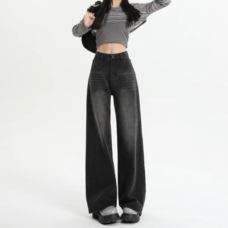 Aiertu Black Gray American Retro Jeans Wide Leg Baggy Pants Streetwear Trousers Y2k Fashion Spice Girls Denim Pants Straight Jeans aiertu