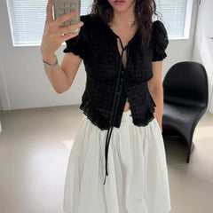 AIERTU - Elegant V-Neck Single-Button Embroidered Floral Pattern Women's Shirt Stylish Korean Style Top for Summer Fashionable Aiertu