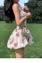 Aiertu Sweet Floral Sexy Strap Dress Women Folds Designer Casual Mini Fairy Dress Female 2024 Summer Puff Sleeve Korean Princess Dress Aiertu