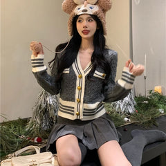Aiertu Kawaii Korean Style Cardigan Women Elegant Sweet Knitted Sweater Cute Patchwork Casual Autumn Winter Cardigan Sweaters Aiertu