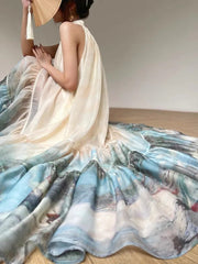 Aiertu New Chinese Style Print Long Dresses for Women Summer Sleeveless Halter Loose A-line Evening Party Dress Prom Robe Vestidos Aiertu