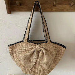 AIERTU - Korean Style Sweet Grass Woven Bow Bags Women's Beach Vacation Single Shoulder Hand-held Beach Bag Aiertu