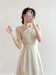 Aiertu Woman Beach Vacation Dress Sleeveless Sexy Halter Solid Korean Fashion Summer New Elegant Midi Sexy Club Dresses French Backless Aiertu