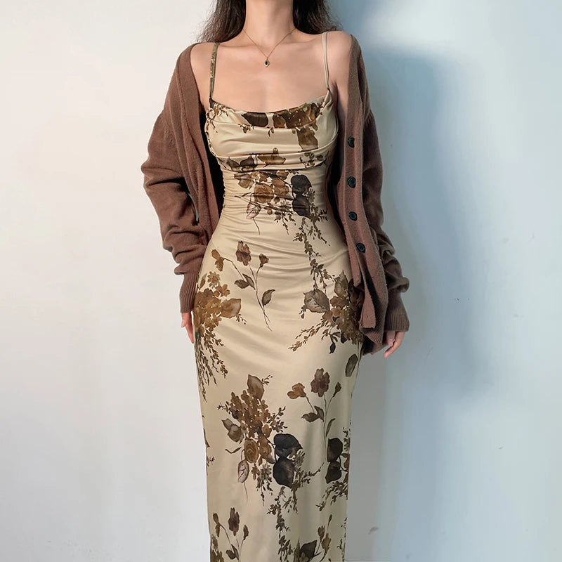 Aiertu y2k Vintage Strap Dress Retro Floral Print Sleeveless Summer Party Long Dresses for Women 2000s Aesthetic Elegant Ladies Aiertu