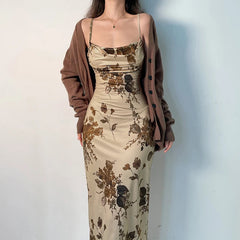 Aiertu y2k Vintage Strap Dress Retro Floral Print Sleeveless Summer Party Long Dresses for Women 2000s Aesthetic Elegant Ladies Aiertu