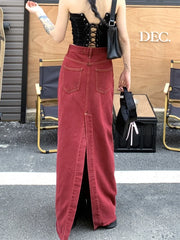 Aiertu Women's Red Split Back Denim Skirt Summer Chic Design Street Style Solid Color Female Straight Floor Length Long Skirts Aiertu