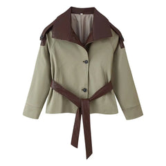 AIERTU - Autumn Women Khakigreen Spliced Faux Leather Lapel Safari Coat Tie Bow Sashes Waist Single-breasted Buttons Jacket Outerwear Aiertu