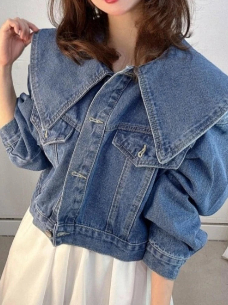 AIERTU - Autumn Korean Denim Jacket Women Big Peter Pan Collar Single Breasted Loose Short Jean Coat Sweet Casual Solid Outerwear Aiertu