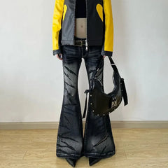 Aiertu American Retro Black Flare Jeans Vintage Distressed Baggy Jeans Grunge Bell Bottom Denim Pants Boyfriend Mopping Jeans Aiertu