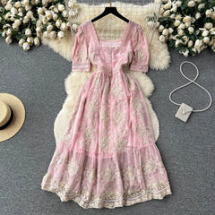 Aiertu High Quality Lace Embroidery Long Dress Women Short Sleeves Mesh A Line Sundress French Vintage Floral Midi Dress Aiertu